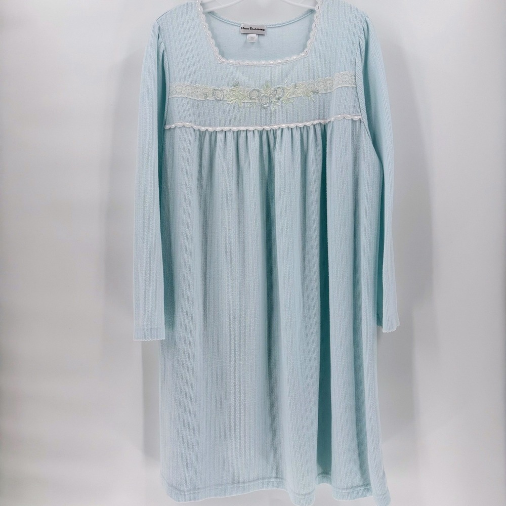 MISS ELAINE Nightgown Light Blue Floral Lace Long Sleeve Ribbed Sleepwear XL